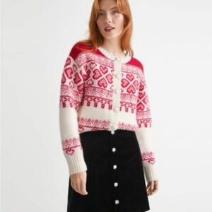 & Other Stories Wool Pink and White Heart Fair Isle Cardigan